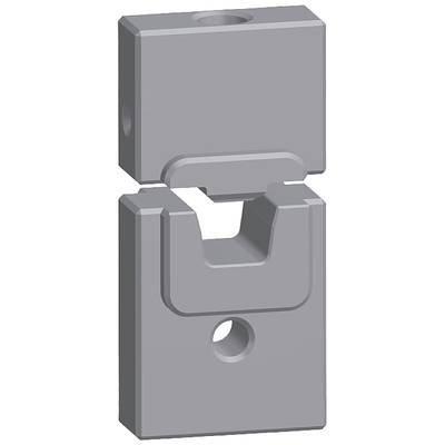 Une pièce mécanique grise composée de deux éléments assemblables, présentant des formes rectangulaires et des trous circulaires, conçue pour établir une connexion.