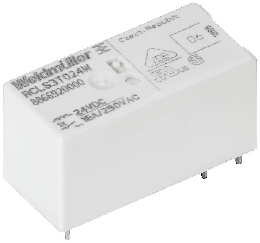 Un relais blanc rectangulaire de la marque Weidmüller portant l'inscription 'RCL-S 1T024W 8868920000'. Tension : 24VDC/8A/250VAC.