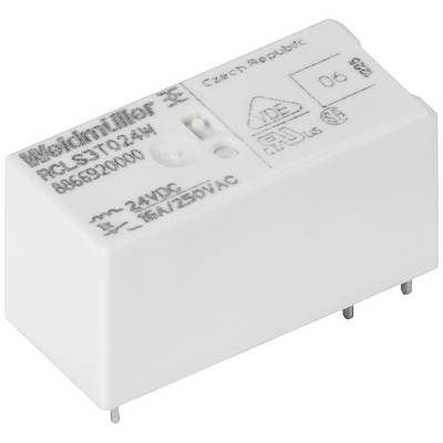 Un relais blanc Weidmüller, modèle RCL-S 3 T024, affiche des caractéristiques techniques telles que 24VDC, 8A/250VAC et des marques de certification sur sa surface.