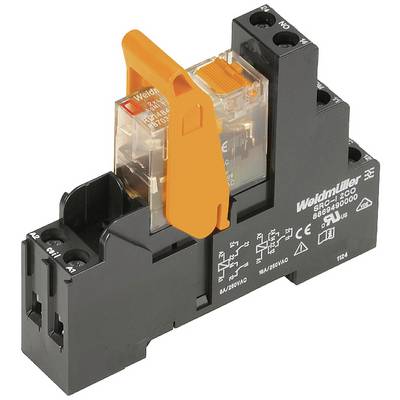 Un relais électrique avec un levier orange et l'inscription 'Weidmüller'. Il est adaptable sur rail DIN.