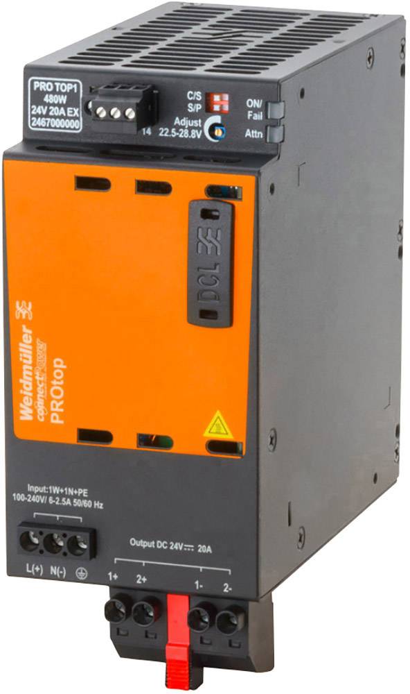 Un bloc d'alimentation de marque Weidmüller, modèle PROtop, d'une puissance de 480W, conçu pour des tensions d'entrée de 100-240V et une tension de sortie de 24V.