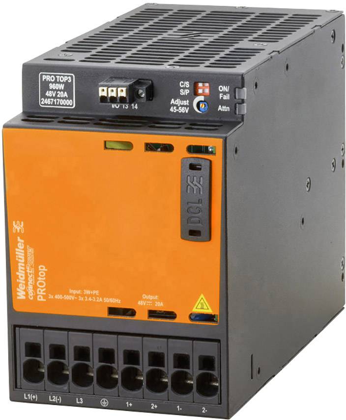 Un bloc d'alimentation orange et noir de Weidmüller portant l'inscription 'PROtop' sur le devant, avec plusieurs bornes de connexion en bas.