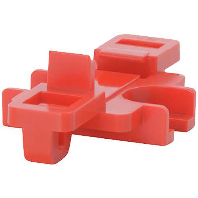 Pièce rectangulaire rouge en plastique avec plusieurs formes surélevées et évidements, probablement un élément de jouet ou de composant mécanique.