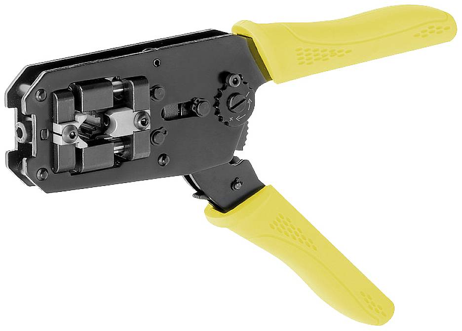 Pince à sertir avec poignées jaunes, adaptée pour connecter des fiches aux extrémités de câbles, outil industriel.