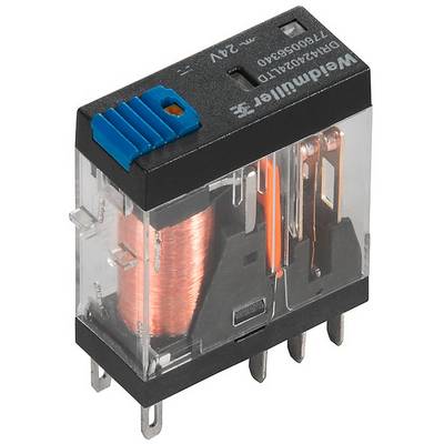 Un relais Weidmüller avec couvercle transparent, bobine en cuivre et plusieurs connexions métalliques, adapté aux circuits électriques.