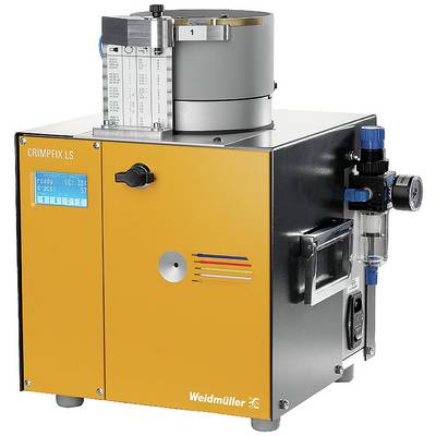 Une machine à sertir orange et noire de Weidmüller, modèle CRIMPFIX LS, avec un panneau de commande et un régulateur de pression sur le côté.