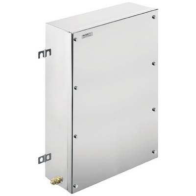 Boîtier métallique avec vis aux angles et supports muraux, adapté pour protéger les composants électroniques ou les câbles.