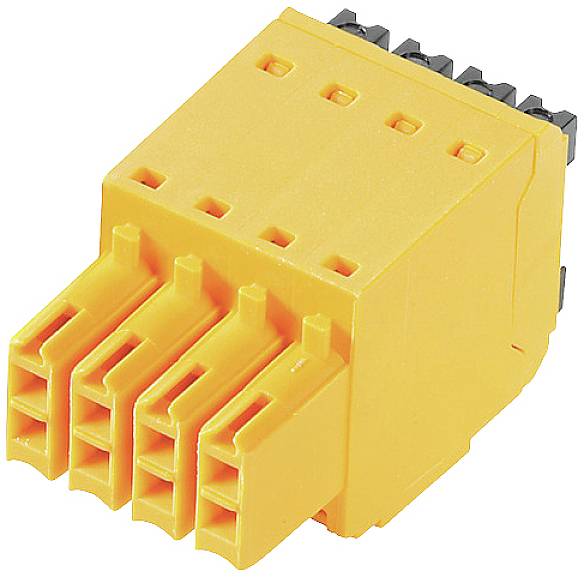 Un connecteur électrique jaune à quatre emplacements avec plusieurs broches de contact, adapté aux applications industrielles.