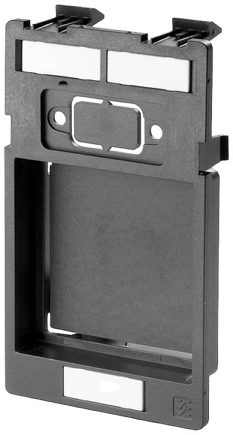 Cadre en plastique de forme rectangulaire avec des ouvertures et des possibilités de montage, adapté aux composants ou modules électroniques.