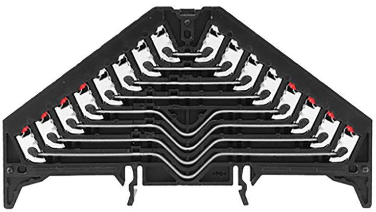 'Disposition triangulaire de plaques avec des structures d'ondes symétriques dans un boîtier noir, supports blancs et accents rouges visibles.'