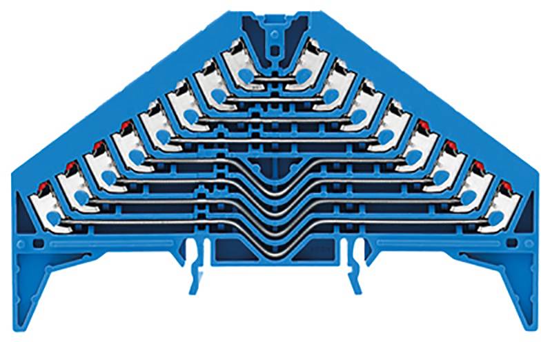 Bloc répartiteur bleu à structure multicouche avec plusieurs connexions, adapté au câblage électrique dans les systèmes de commande.