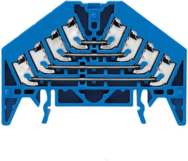 'Élément bleu à structure complexe, doté de quatre contacts métalliques disposés symétriquement, probablement un connecteur électrique.'