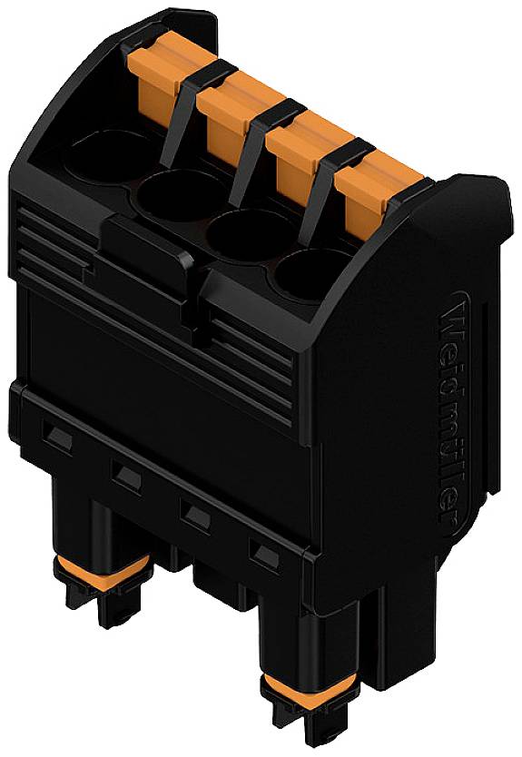 Un connecteur noir avec cinq bornes oranges pour des connexions électriques. Conçu pour des applications industrielles.