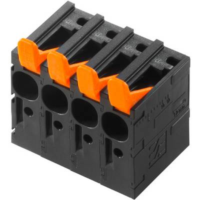 Un bloc de connecteurs électriques noir à quatre ports, équipé de leviers orange pour sécuriser les connexions de câbles.