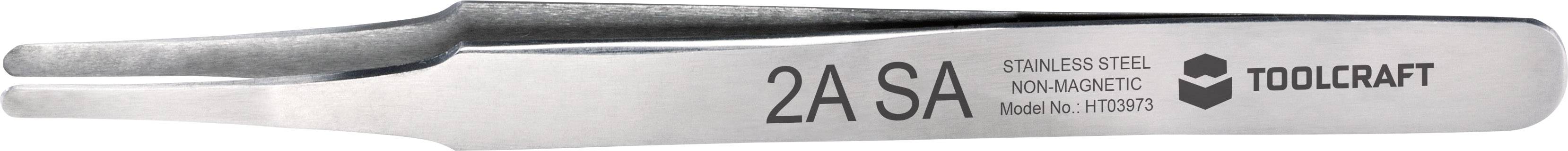 Une pince brucelles en acier inoxydable avec la gravure '2A SA' et le logo de Toolcraft. Adaptée pour des travaux de précision.