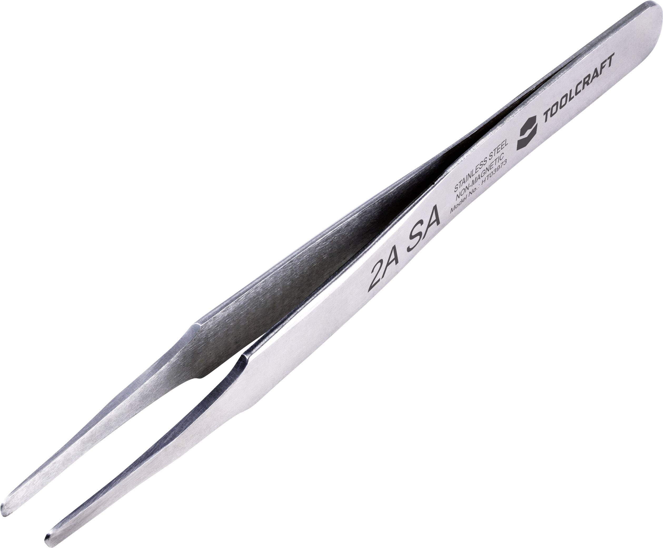 Une pince brucelles en argent portant l'inscription '2A SA' et le logo de Toolcraft, adaptée aux travaux de précision.