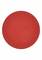 Tache de tissu rouge circulaire avec des coutures visibles le long du bord sur un fond blanc.