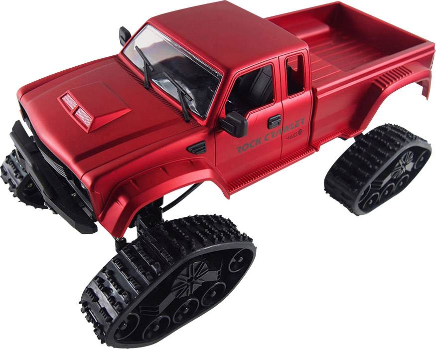 Véhicule jouet tout-terrain rouge à chenilles, marqué 'Rock Crawler'.