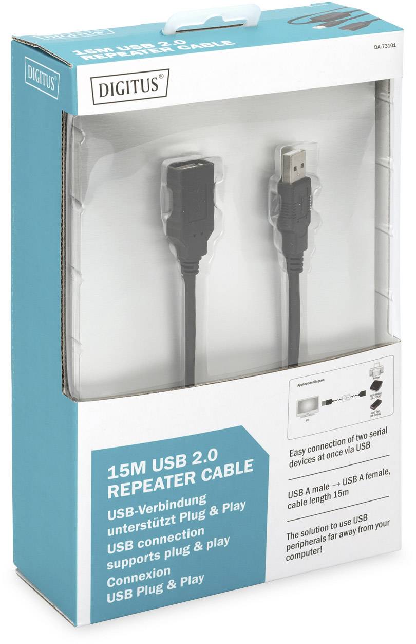 Câble d'extension USB, 15 mètres, pour USB 2.0. L'emballage présente le câble et met en avant sa fonctionnalité plug-and-play.