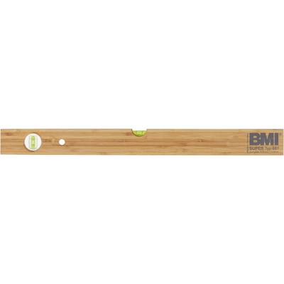 Niveau à bulle en bois avec deux fioles, une au centre et une à l'extrémité gauche. La mention 'BMI SUPER Tech' est inscrite à droite.
