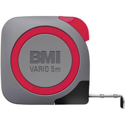 Un mètre ruban gris avec un accent rouge, portant l'inscription 'BMI VARIO 5m', montre partiellement le ruban métrique en métal.