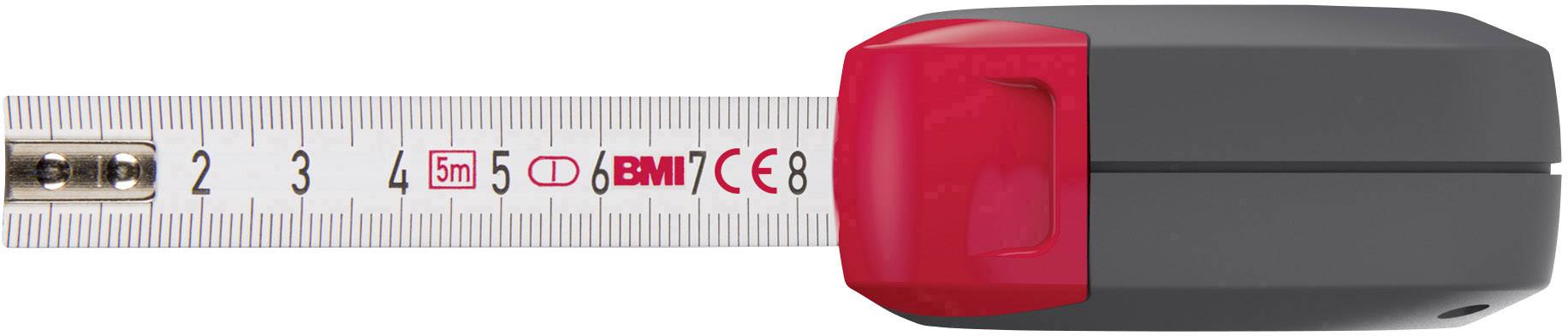 Un mètre ruban déroulé indiquant environ 5 mètres. Le corps du mètre ruban est noir et rouge avec le logo 'BMI'.