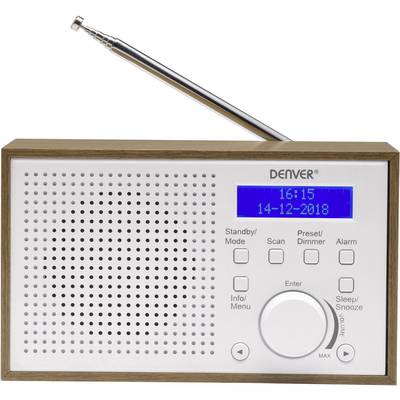 Radio compact avec boîtier en bois, antenne télescopique et affichage numérique. Affiche l'heure (16:15) et la date (14-12-2018).