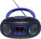 Un poste de radio portable avec un contour bleu et une antenne télescopique. Il présente un écran LED rouge et des touches de commande.