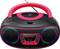 Lecteur CD portable en noir et rouge avec radio intégrée, port USB et lumières LED autour des haut-parleurs.