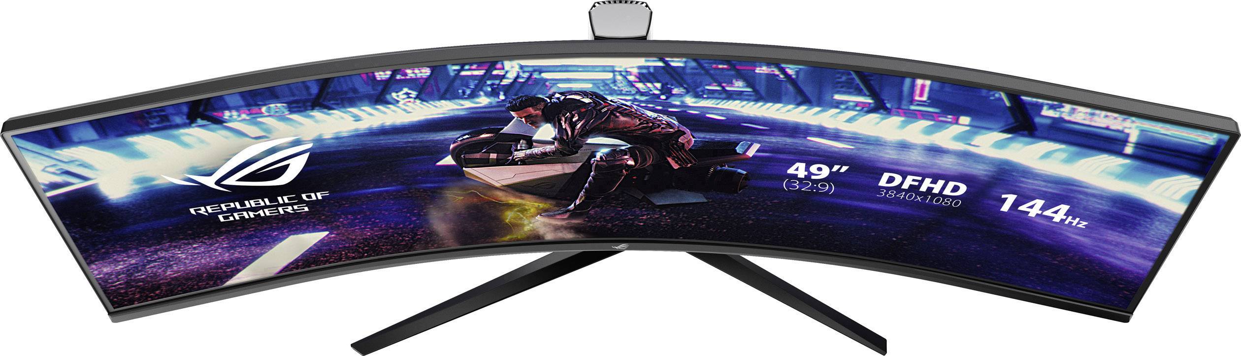 Un écran de gaming incurvé affiche une course de motos futuriste avec les spécifications suivantes : 49 pouces, DFHD, 144 Hz.