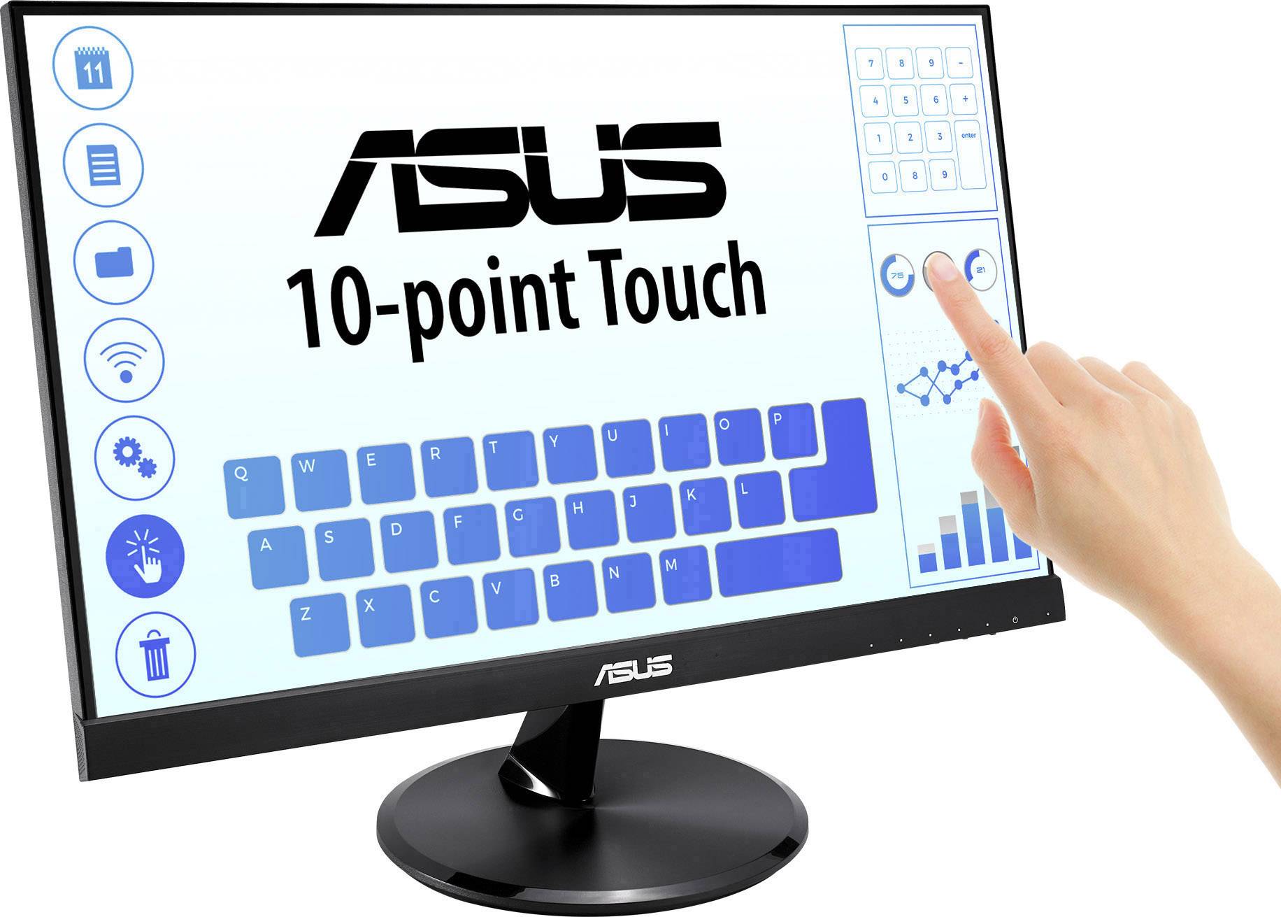 Un écran affichant le logo 'ASUS', un clavier virtuel tactile et des commandes pour les fonctions tactiles. Une main touche l'écran.