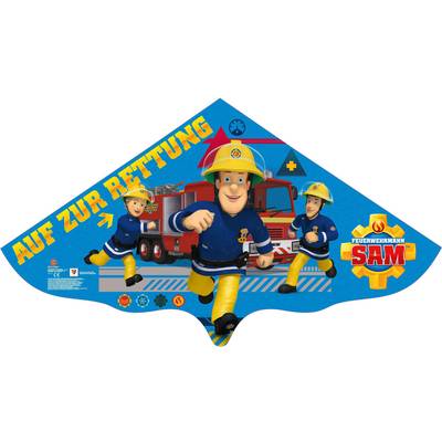Pompier en uniforme bleue et casque jaune marchant avec détermination, suivi de ses collègues devant un camion de pompiers rouge. Texte : 'En avant pour le sauvetage'.