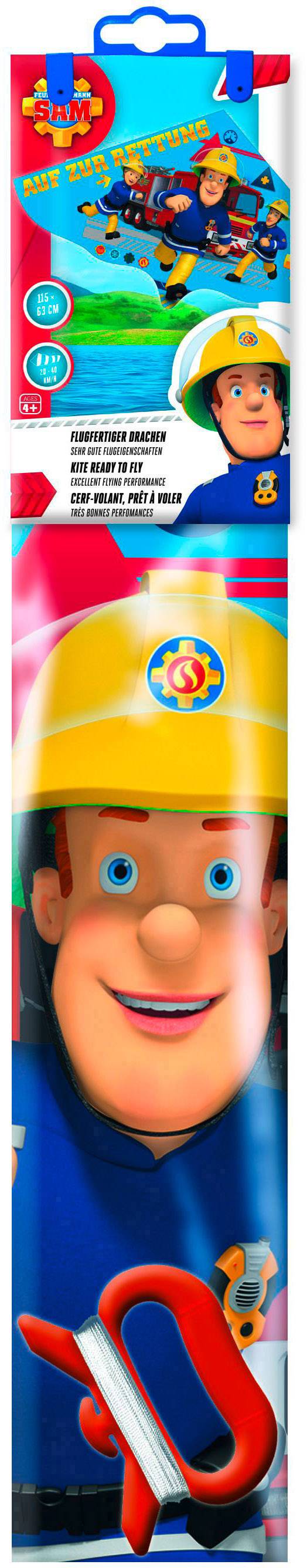 Emballage d'un costume d'enfant de pompier de dessin animé, combinaison bleue, casque jaune, talkie-walkie rouge. Contient des informations de sécurité.