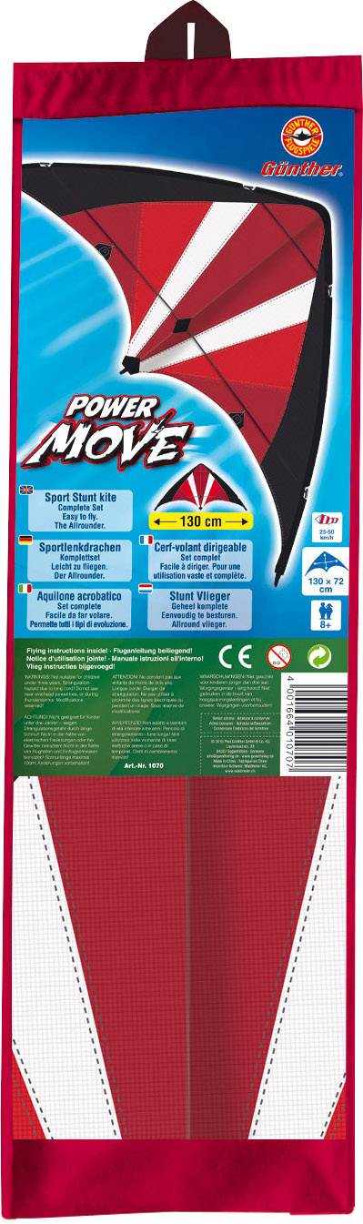 Emballage de cerf-volant de sport de pilotage en rouge et noir avec l'inscription 'Power Move', informations sur le produit et marquage CE.