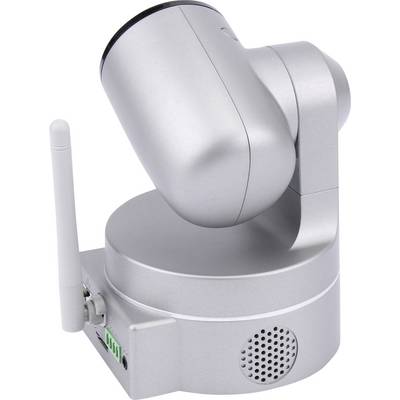Caméra de surveillance argentée avec tête pivotante et antenne sur le côté.