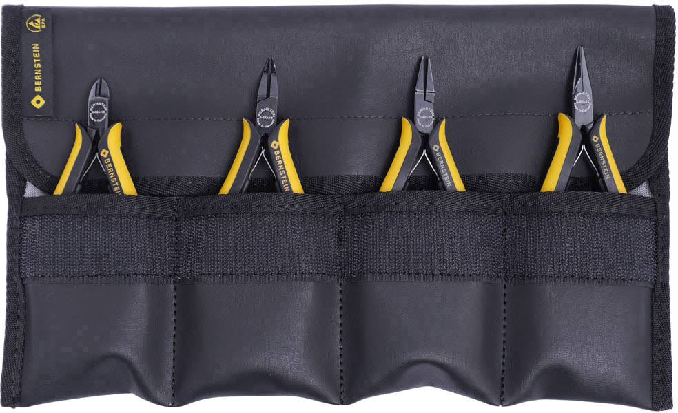 Un étui à outils avec quatre pinces jaunes et noires dans des compartiments individuels. L'étui est noir et dispose d'une fermeture à rabat.