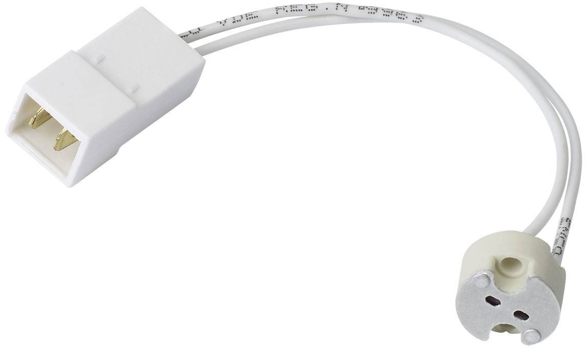 Un connecteur électronique blanc avec deux câbles menant à une prise ronde.