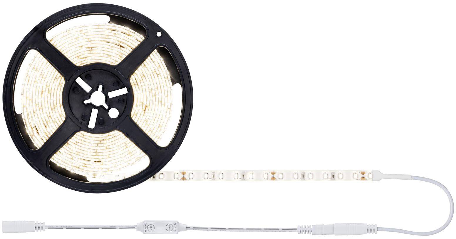 Bande lumineuse à LED sur rouleau avec partie déroulée, alimentée par courant électrique ; adaptée aux applications d'éclairage flexibles.