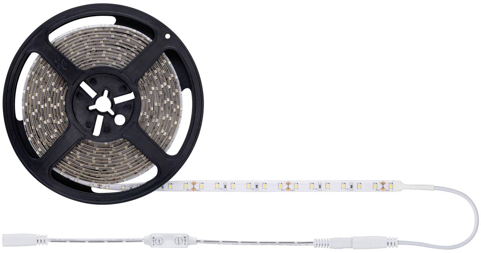 Une bande LED enroulée sur une bobine noire avec une section déroulée. Deux câbles de connexion blancs sont visibles.