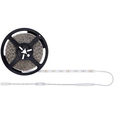 Une bande LED enroulée sur une bobine noire avec une section déroulée. Deux câbles de connexion blancs sont visibles.