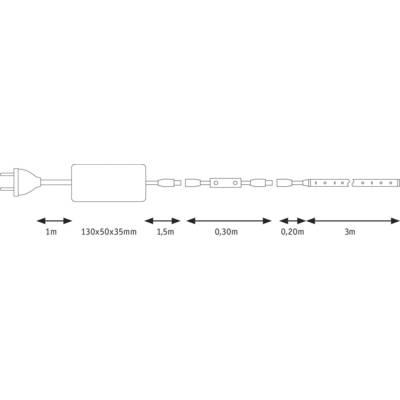 Diagramme d'un câble avec fiche et boîtier de commande. Longueurs de segments : 1m, 1,5m, 0,30m, 0,20m, 3m. Dimensions du boîtier de commande : 130x50x35mm.