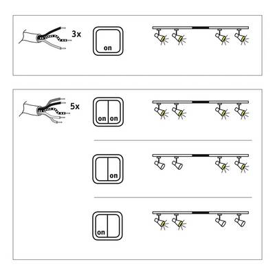 Le diagramme montre deux configurations d'éclairage : la rangée supérieure comporte trois lampes, la rangée inférieure en a cinq. Chacune est connectée à son propre interrupteur.