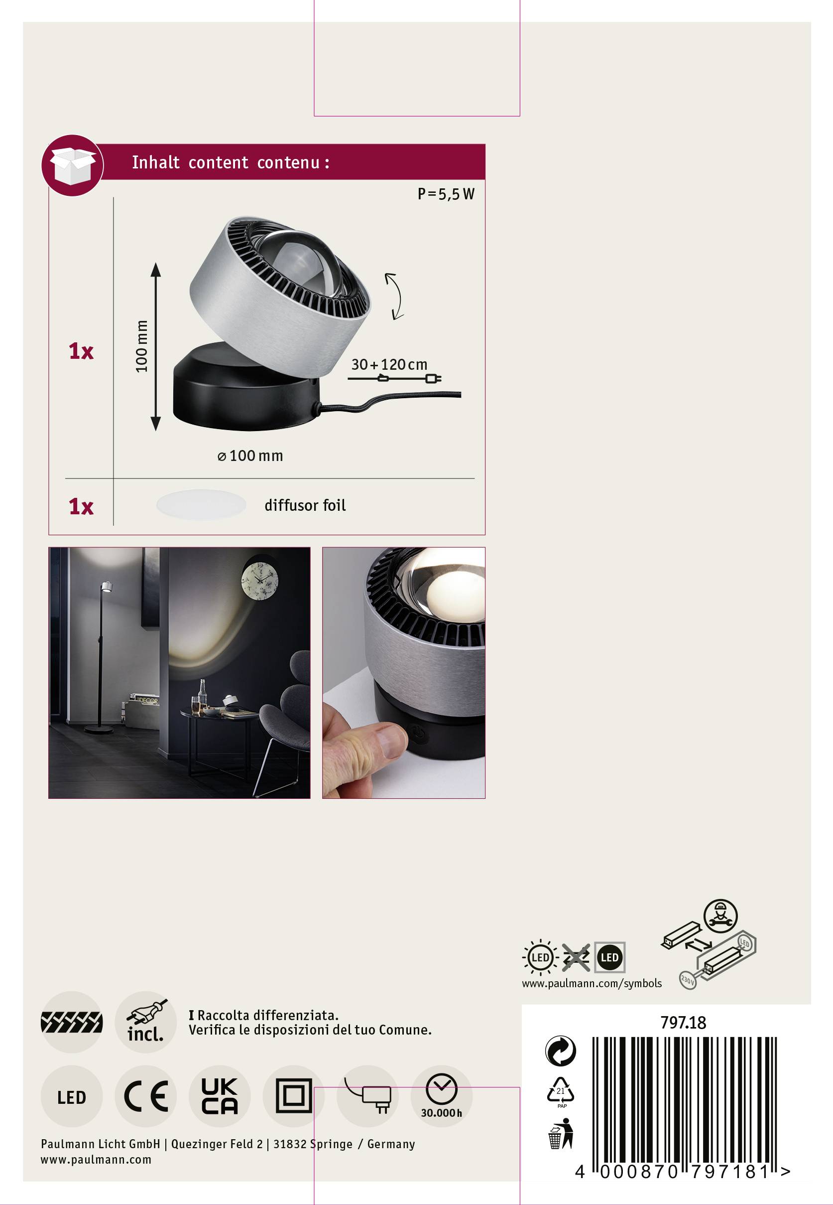 Emballage de 'Positionslicht LED' avec représentation du produit d'un feu LED rotatif, 5,5 W, incluant un film diffuseur. Application en intérieur.