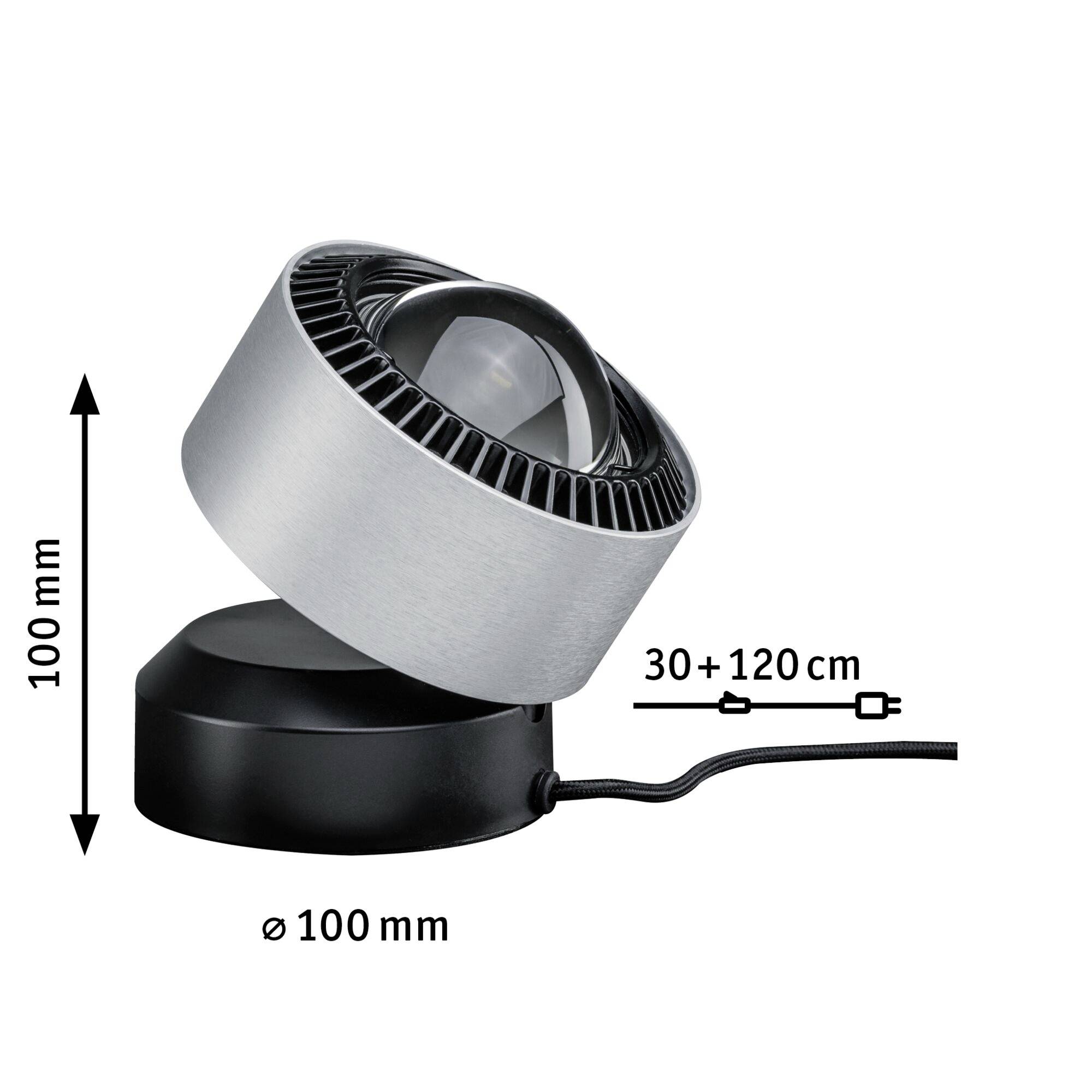 Un projecteur pivotant de diamètre Ø 100 mm et de hauteur 100 mm. Il est équipé d'un câble mesurant 30+120 cm.