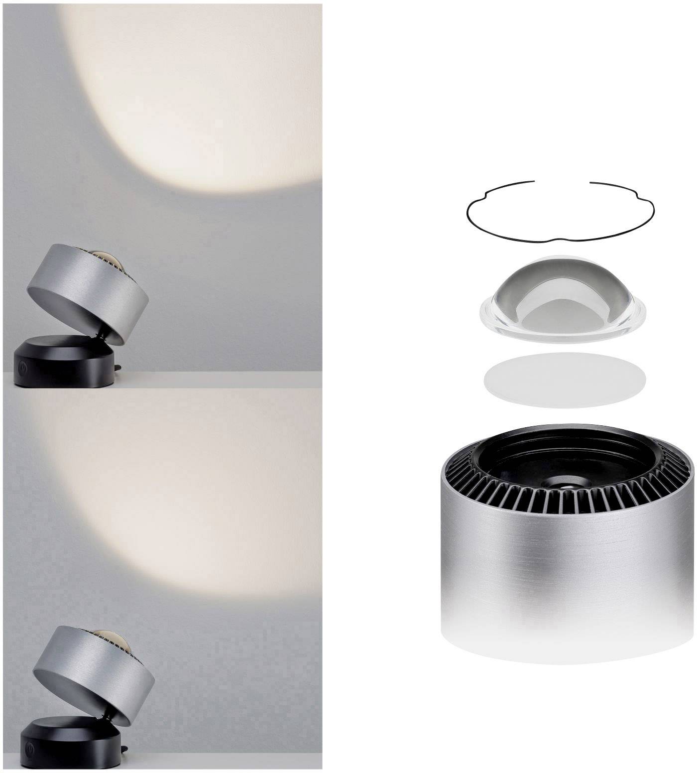 Un projecteur cylindrique avec deux angles lumineux à gauche montre différentes projections lumineuses. À droite, le projecteur est démonté.
