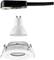 Spots encastrables et accessoires : En haut, un bloc de connexion noir, au milieu, un luminaire LED, en bas, un support d'installation blanc.