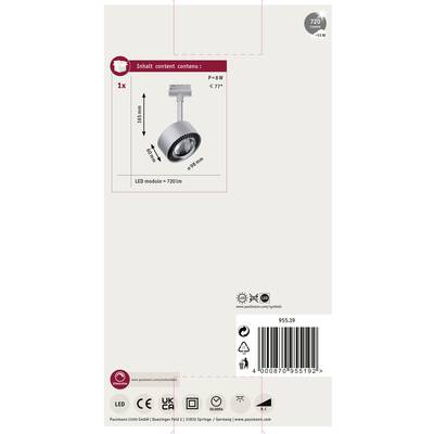 Luminaire suspendu avec module LED 720 lm, 8 W, angle d'éclairage de 77°. Contient un symbole de sécurité et un code-barres en bas.