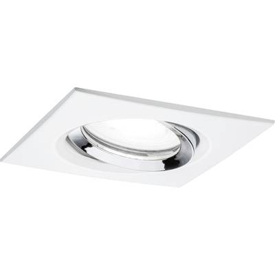 Luminaire encastrable carré blanc avec anneau intérieur chromé rond, éclairant intensément.