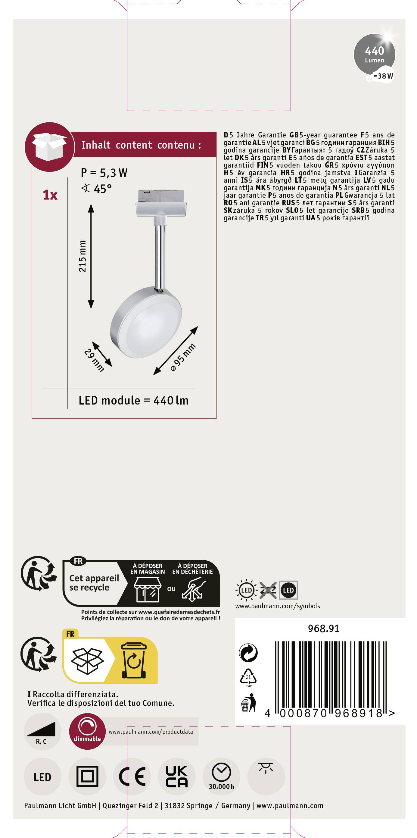 Emballage de la lampe de plafond LED 'Paxamada' : Contient 1 module LED, 5,3W, 440 lm, angle de diffusion de 45°, diamètre de 21,6 cm. Symboles de recyclage et de normes de qualité.