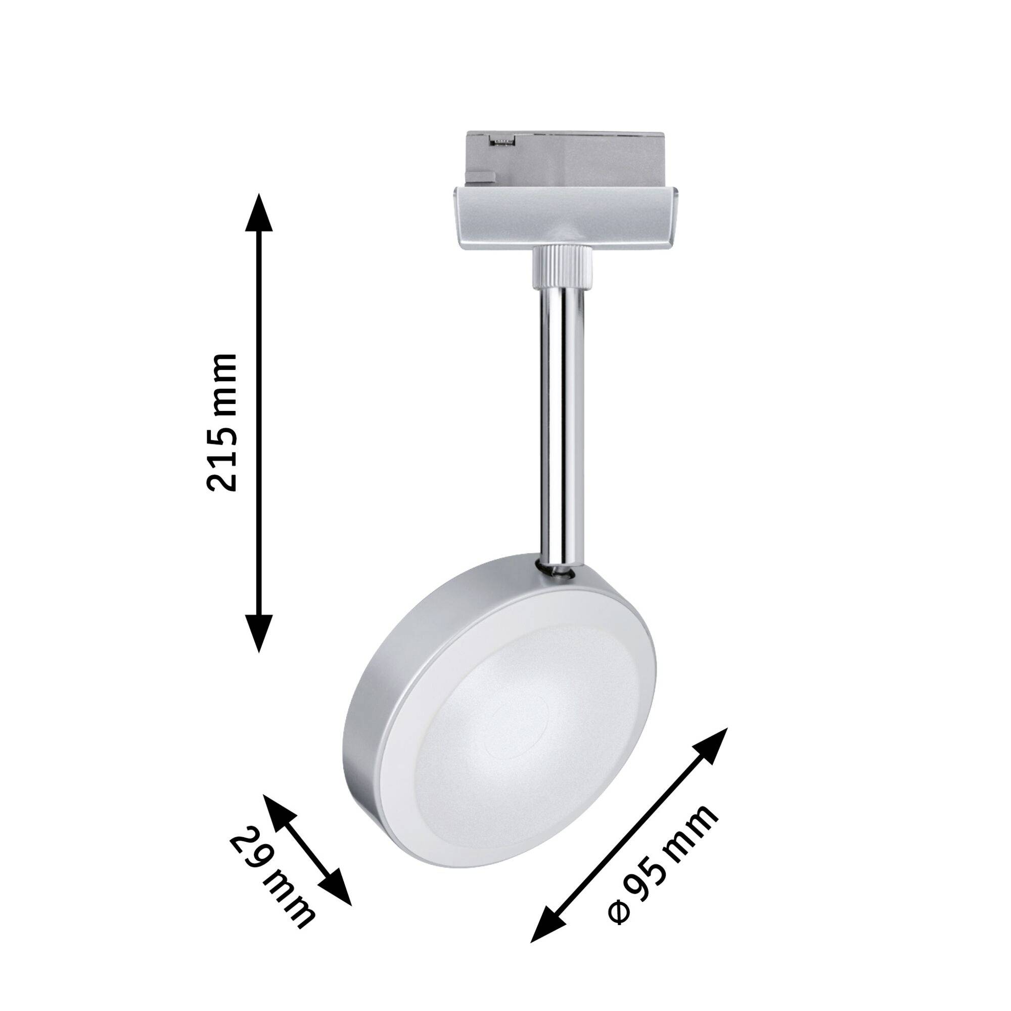 Un spot de plafond LED argenté d'une longueur totale de 215 mm et d'un diamètre de 95 mm. Cou ajustable de 29 mm de long.